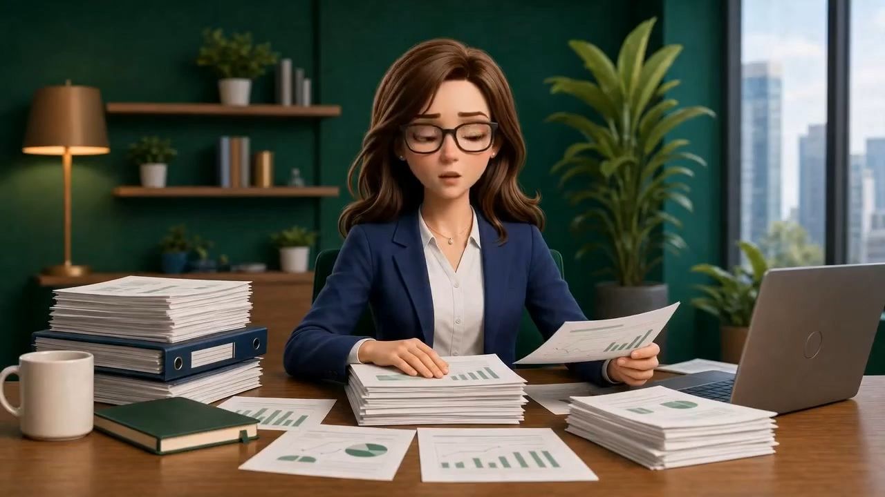 Clara surrounded by stacks of financial reports